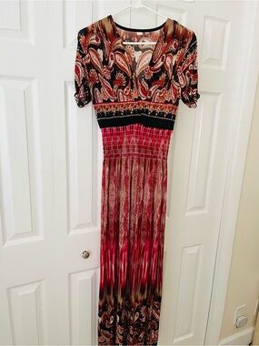 Women's Red Paisley Maxi Dress with Smocked Waist